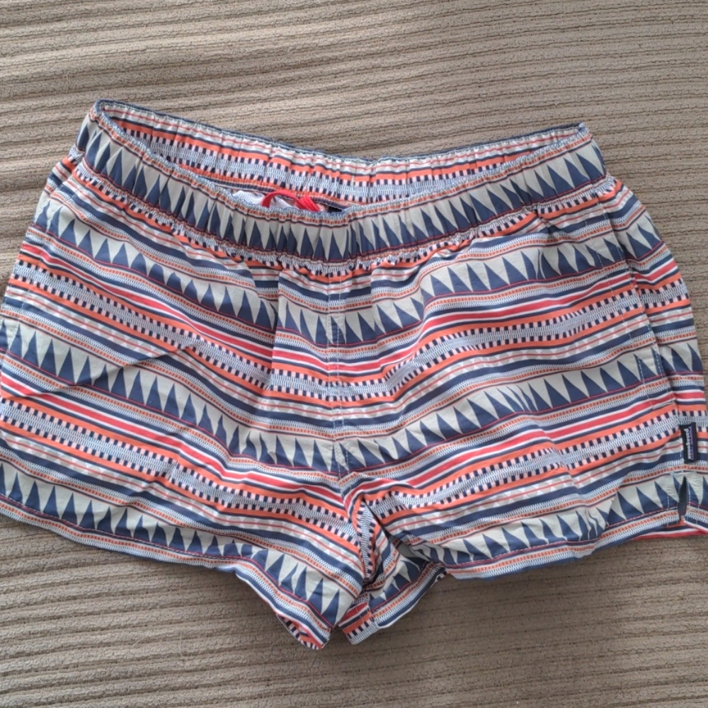 Patagonia Women's Geometric Stripe Athletic Shorts in Blue, Coral, White